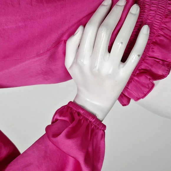 1. State 'NEW" Pink Coquette Romantic Smocked Satin Cold Shoulder Blouse Size XS - Picture 10 of 15